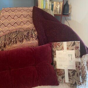 NWT & Handmade Bundle Ruby/Cranberry Throws, Cushion & Tablecloth